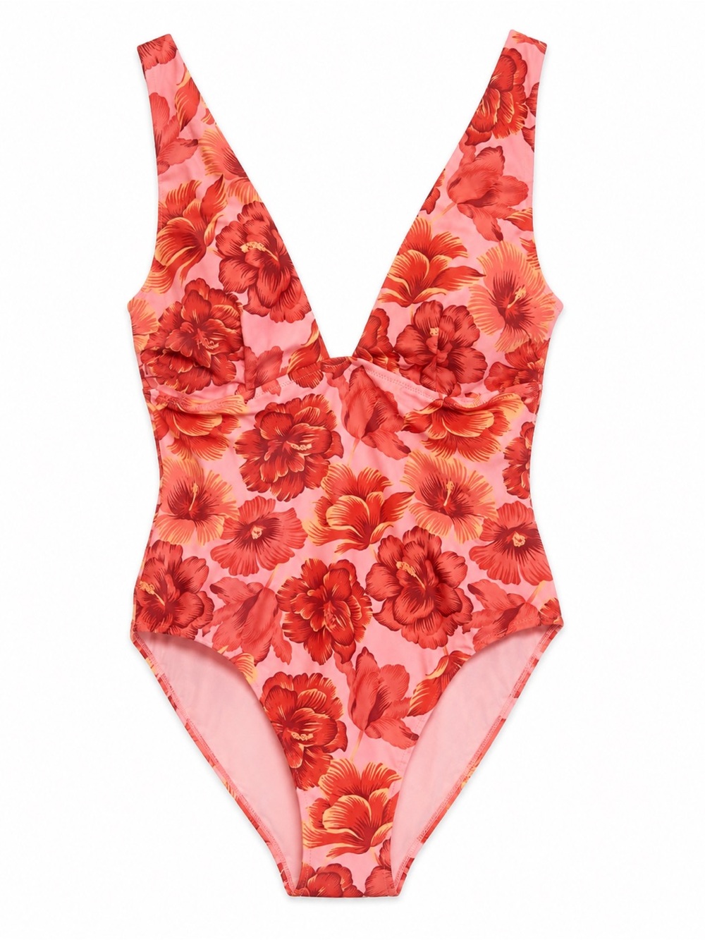 Shade & Shore Floral One Piece Swimsuit Pink Red Tropical Plunge Neck